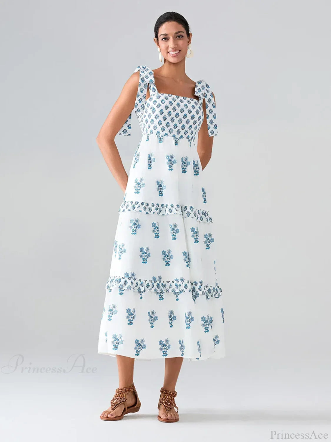 Wide Straps Flowy Floral Bohemian Beach Frill Trim Square Neck A-Line Dress