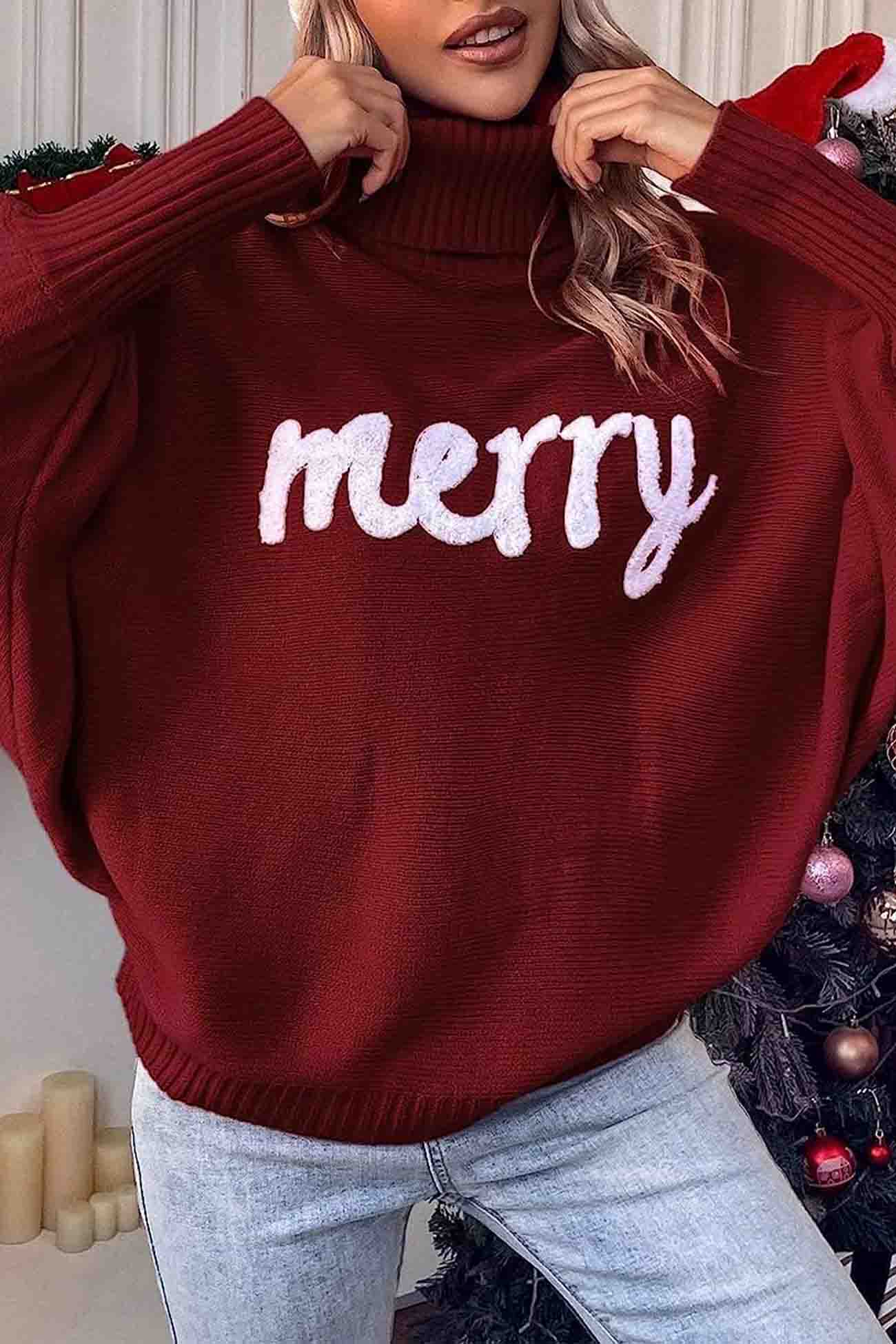 Theresa | Cheerful turtleneck knit sweater with printed sleeves