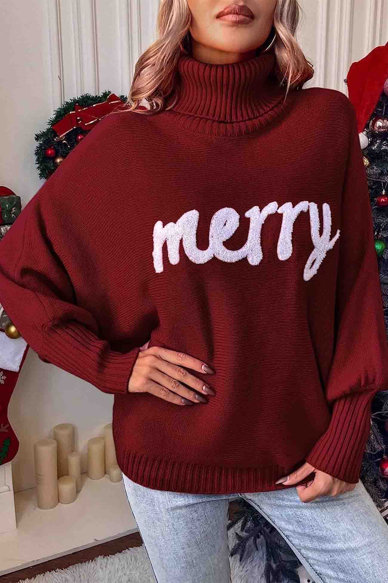 Theresa | Cheerful turtleneck knit sweater with printed sleeves