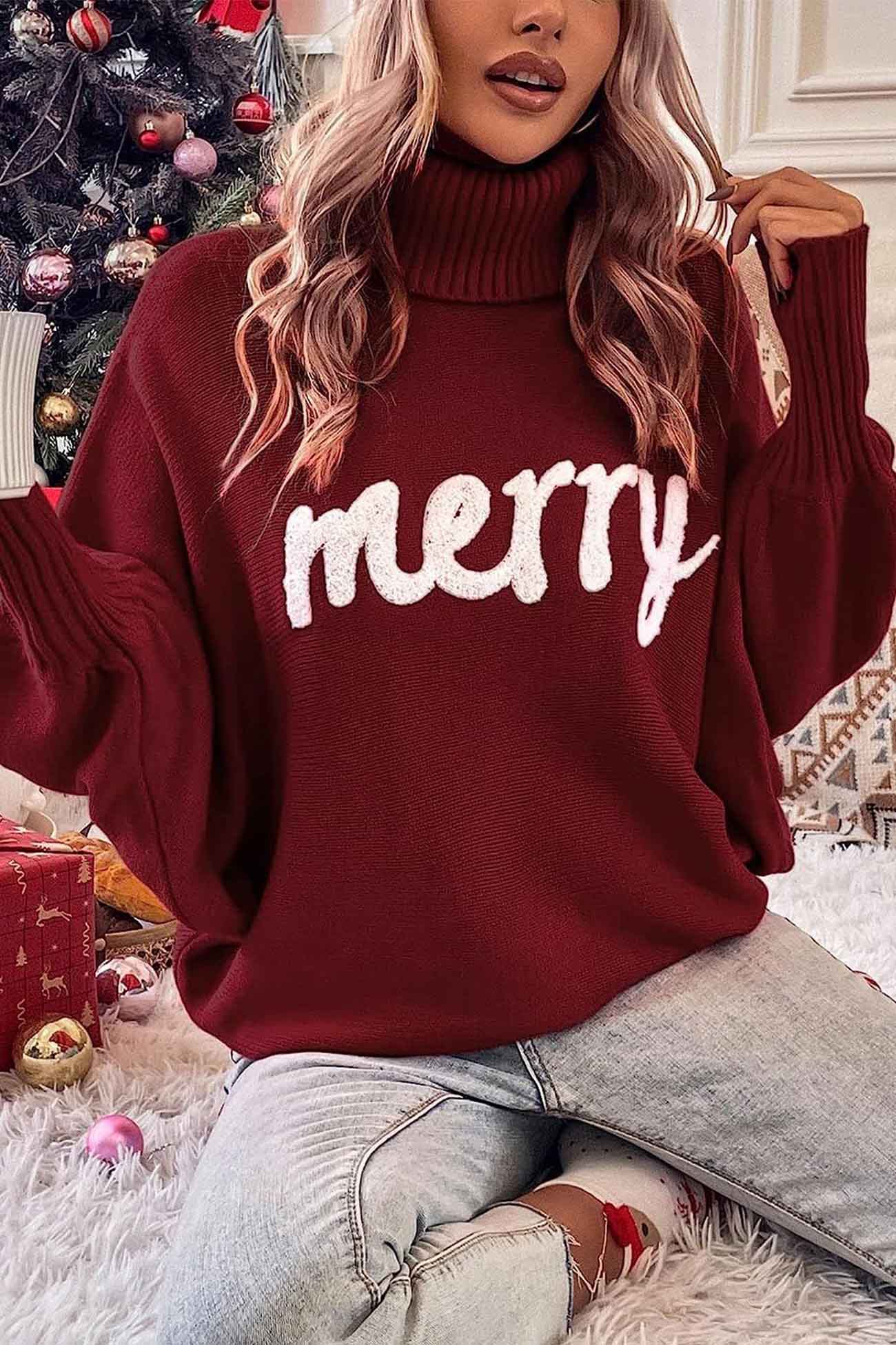 Theresa | Cheerful turtleneck knit sweater with printed sleeves