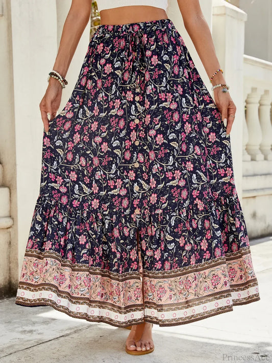 Women Boho Maxi Skirts Button Down Floral A-line Hippie Chic