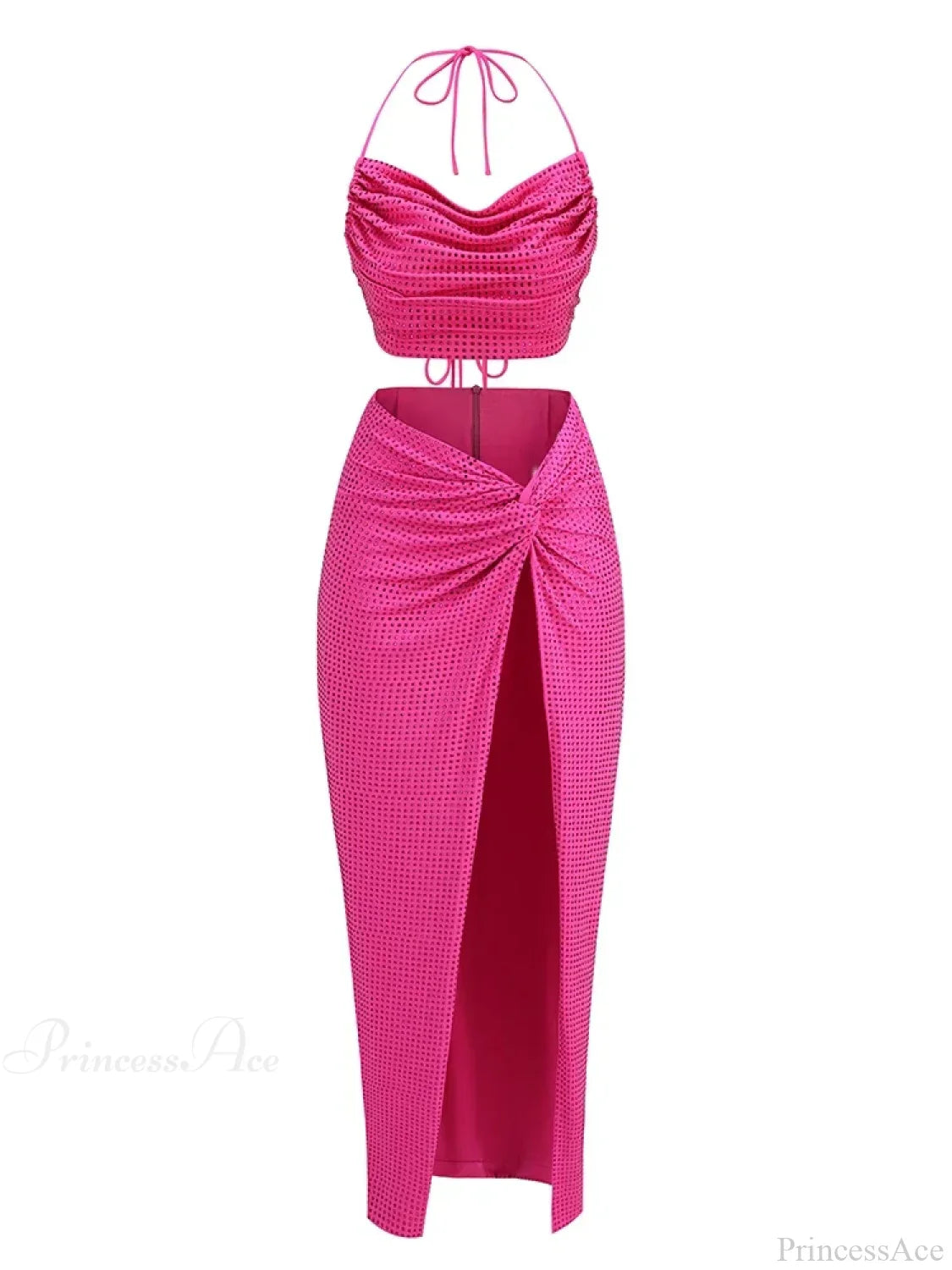 Women Diamonds 2 Piece Set Swinging Collar Crop Tops Long Skirts Party Dress