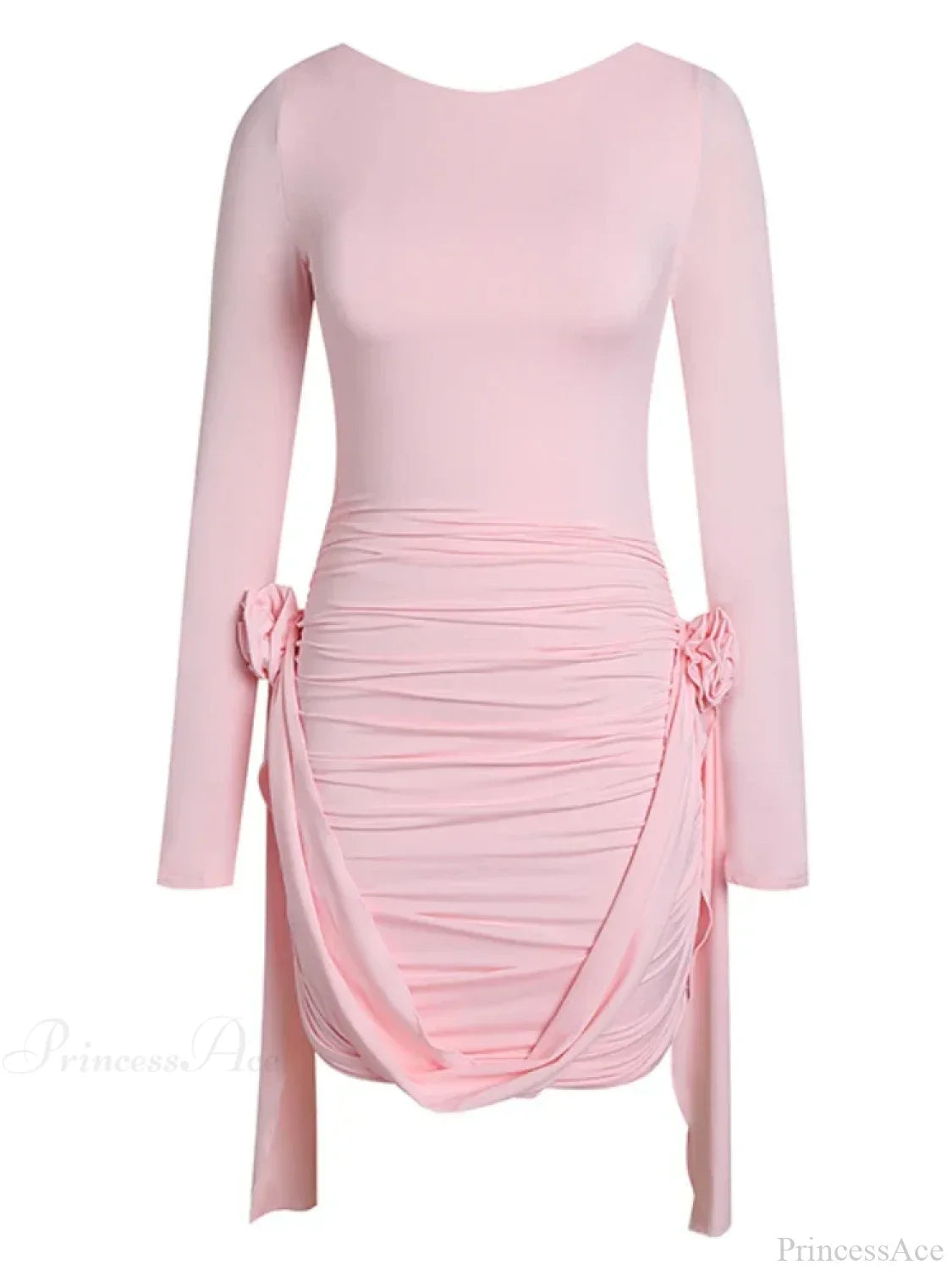 Women Pink 3D Floral Draped Mini Bodycon Dress Long Sleeves Party Dress