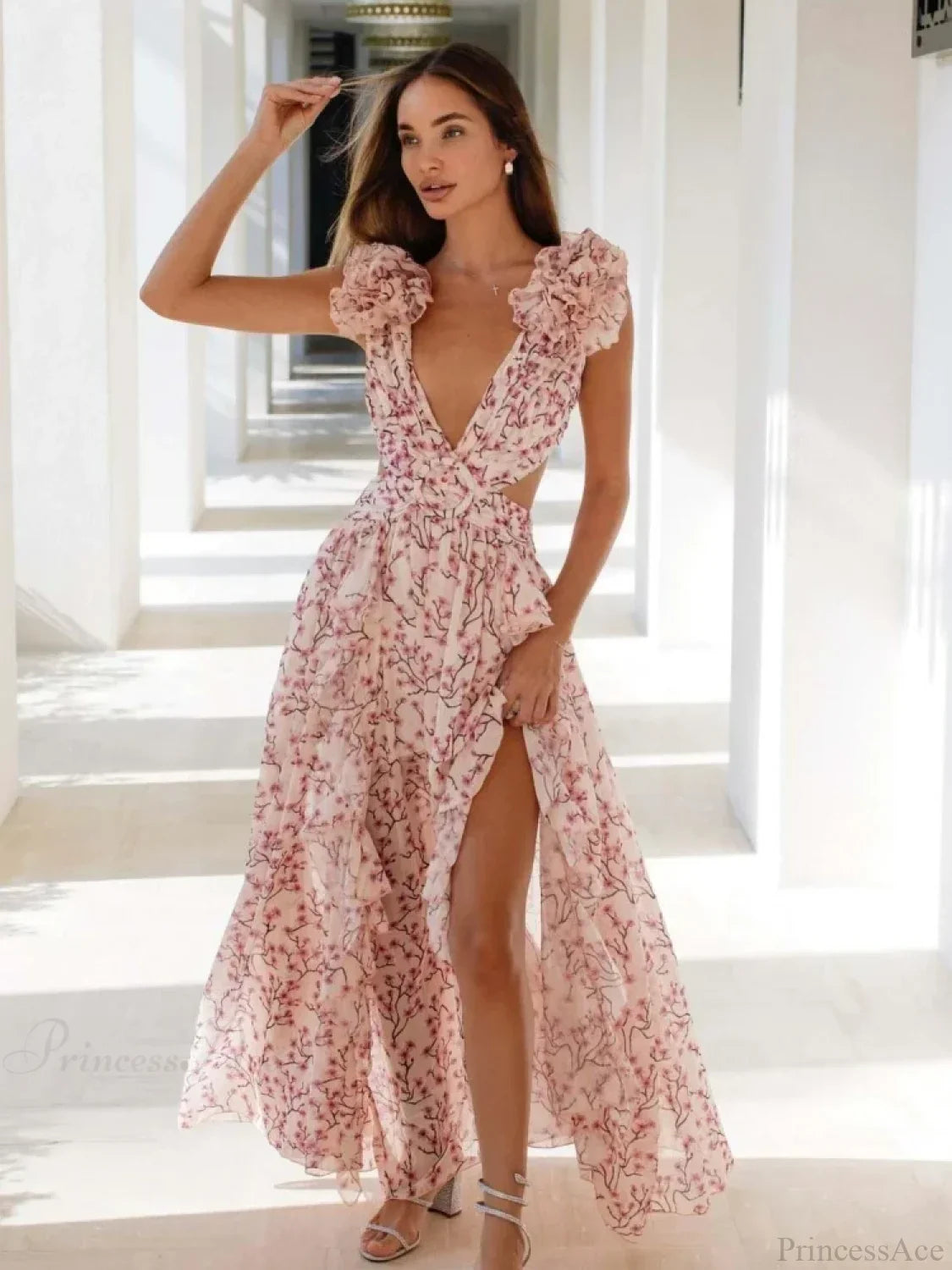 Women's Holiday Party Dresses Sexy V Neck Backless Floral Ruffle Party Dress