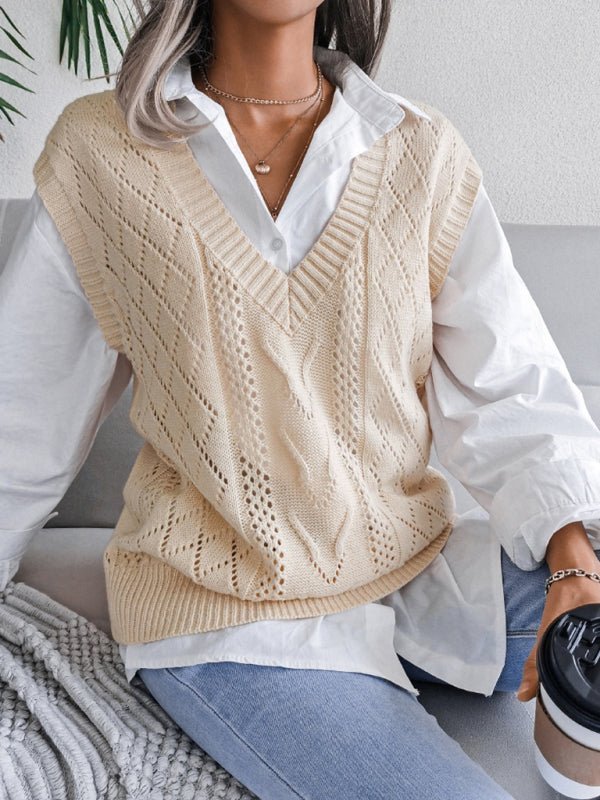 Vega® | Women'S Knitted Sweater With Hollow Out Fried Dough And V-Neck