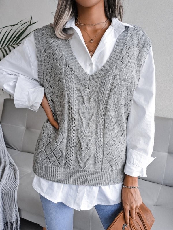 Vega® | Women'S Knitted Sweater With Hollow Out Fried Dough And V-Neck