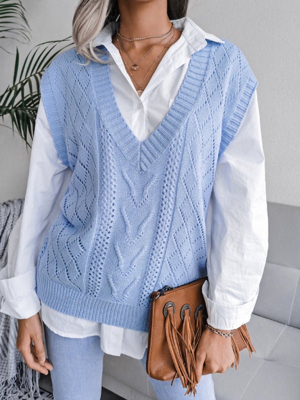 Vega® | Women'S Knitted Sweater With Hollow Out Fried Dough And V-Neck