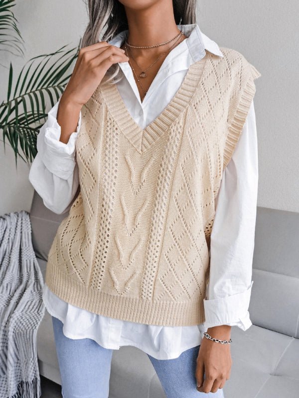 Vega® | Women'S Knitted Sweater With Hollow Out Fried Dough And V-Neck