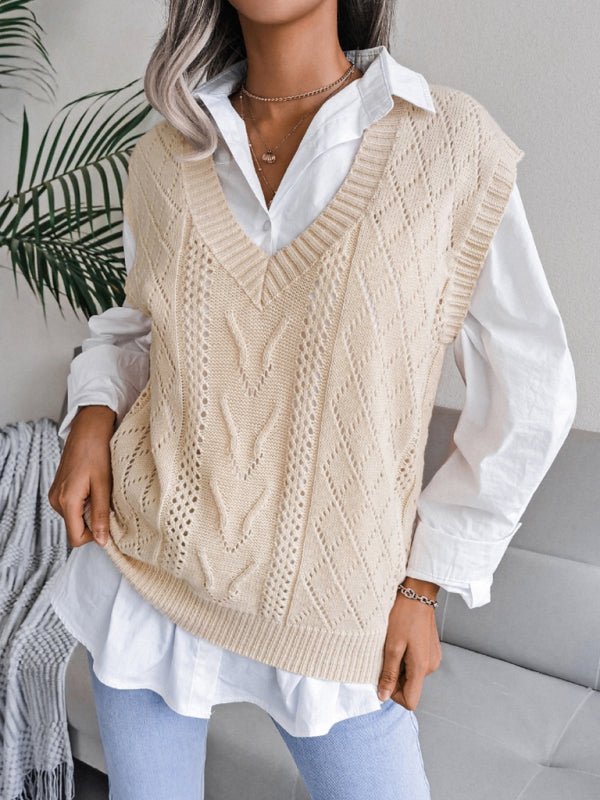 Vega® | Women'S Knitted Sweater With Hollow Out Fried Dough And V-Neck