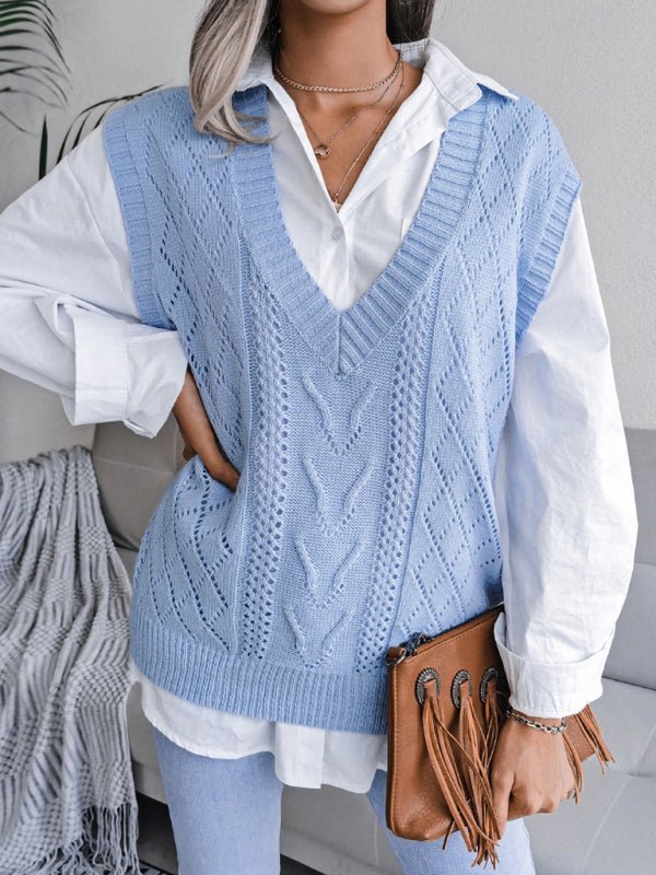 Vega® | Women'S Knitted Sweater With Hollow Out Fried Dough And V-Neck