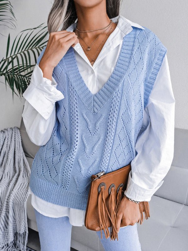 Vega® | Women'S Knitted Sweater With Hollow Out Fried Dough And V-Neck