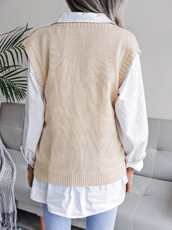 Vega® | Women'S Knitted Sweater With Hollow Out Fried Dough And V-Neck