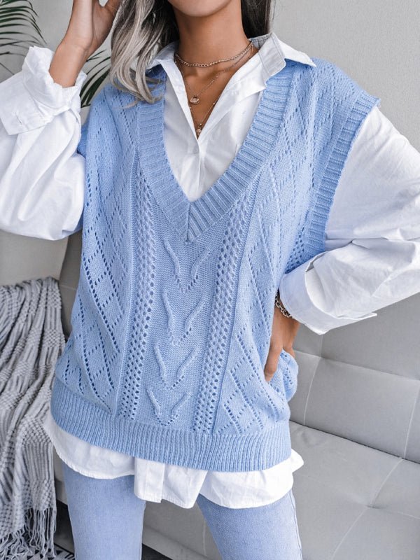 Vega® | Women'S Knitted Sweater With Hollow Out Fried Dough And V-Neck