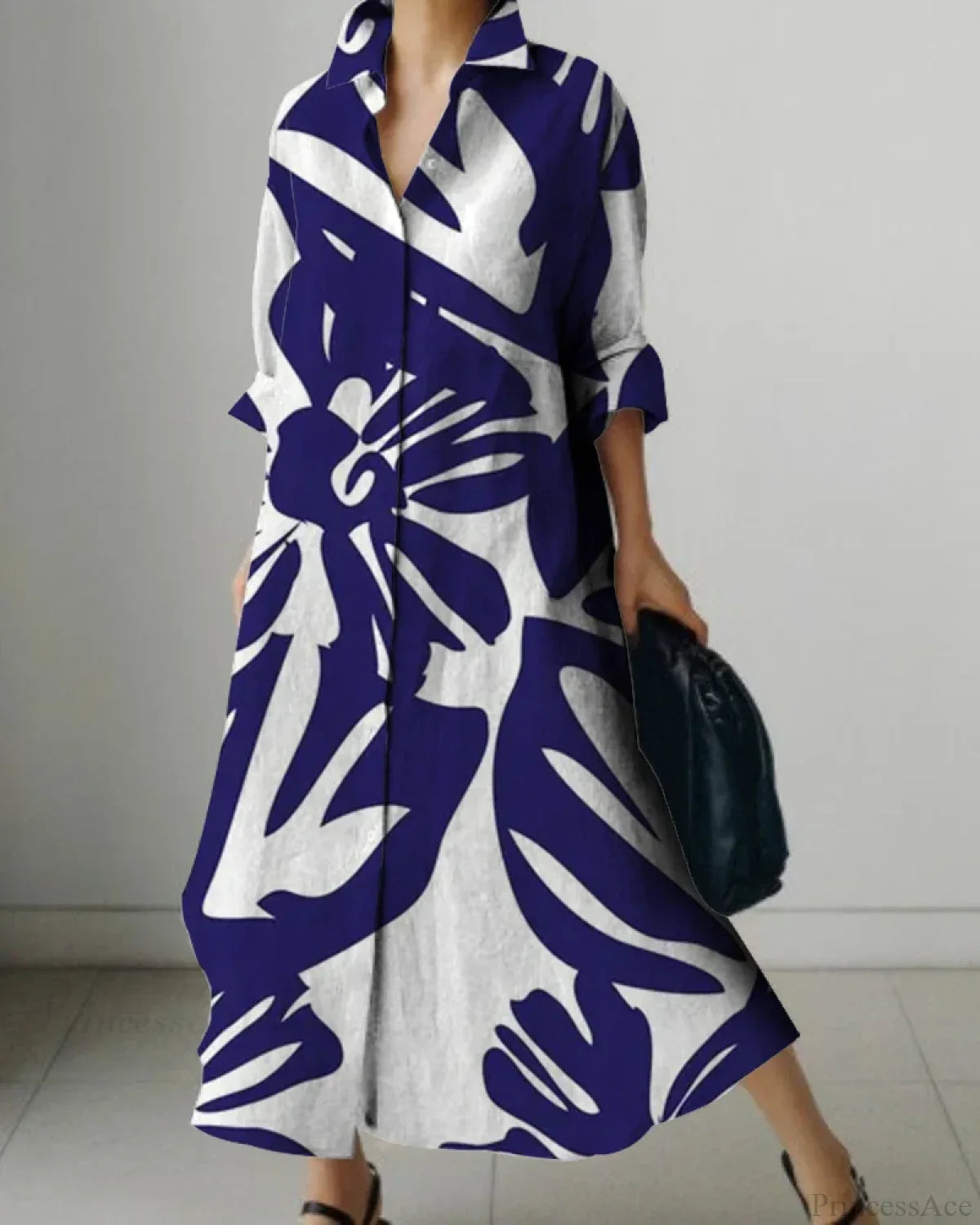 Women's Lapel Long Sleeve Floral Print Shirt Dress