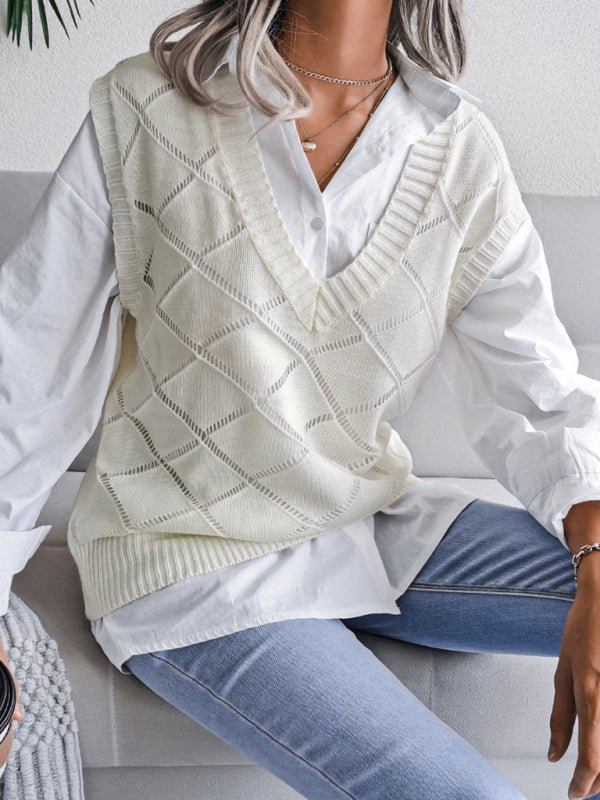 Vania® | Women'S V-Neck Hollow Diamond Casual Knitted Vest Sweater