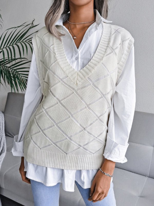 Vania® | Women'S V-Neck Hollow Diamond Casual Knitted Vest Sweater