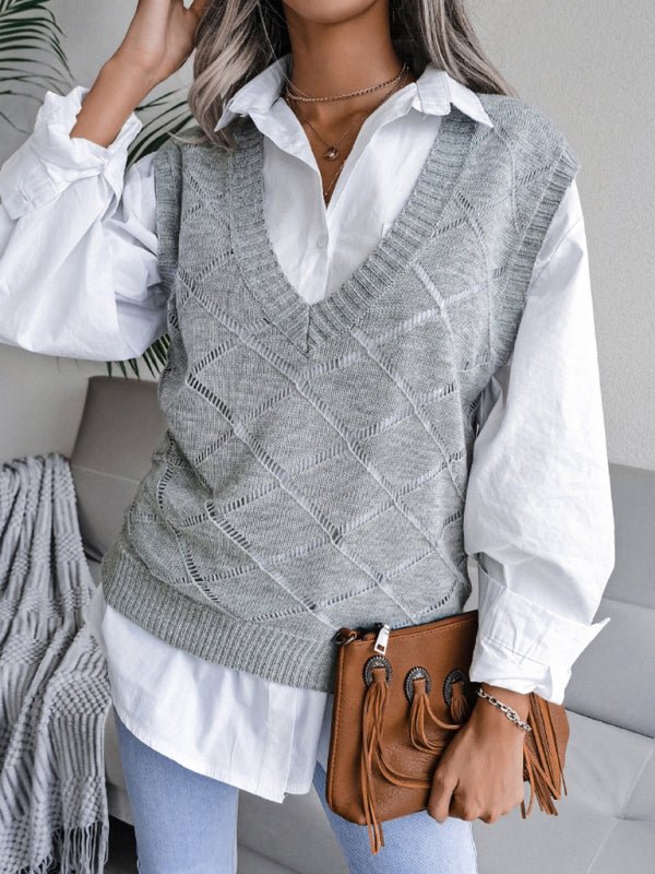 Vania® | Women'S V-Neck Hollow Diamond Casual Knitted Vest Sweater