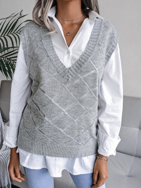 Vania® | Women'S V-Neck Hollow Diamond Casual Knitted Vest Sweater