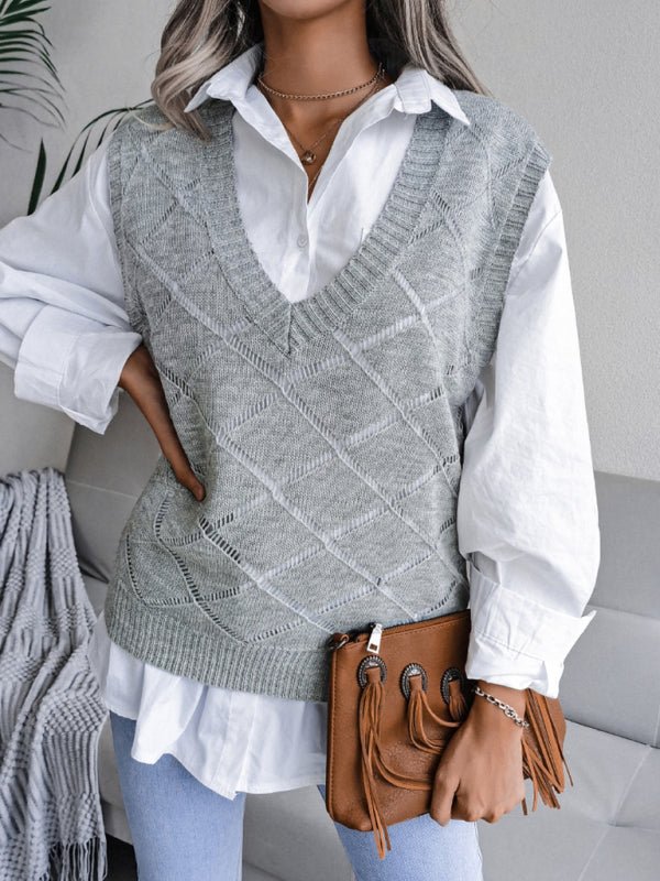 Elena® | Women'S V-Neck Hollow Diamond Casual Knitted Vest Sweater