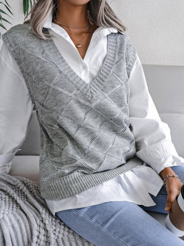Vania® | Women'S V-Neck Hollow Diamond Casual Knitted Vest Sweater