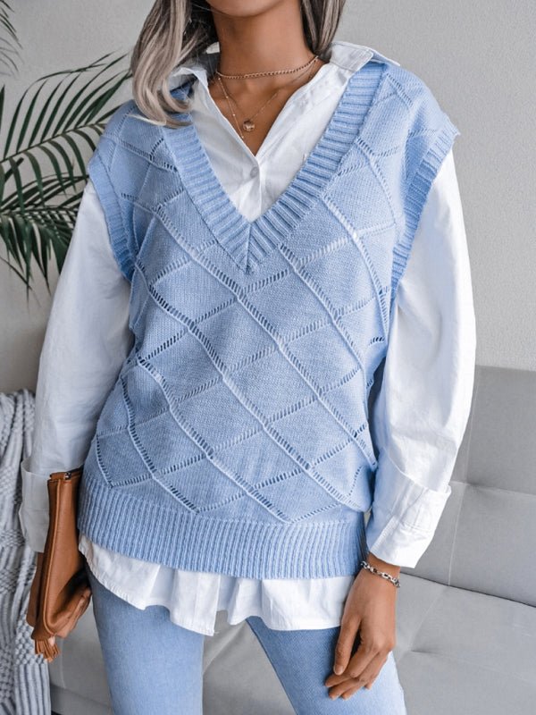 Elena® | Women'S V-Neck Hollow Diamond Casual Knitted Vest Sweater