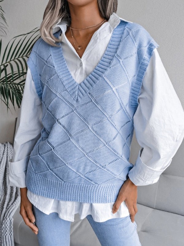 Elena® | Women'S V-Neck Hollow Diamond Casual Knitted Vest Sweater