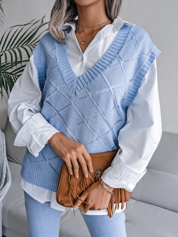 Vania® | Women'S V-Neck Hollow Diamond Casual Knitted Vest Sweater