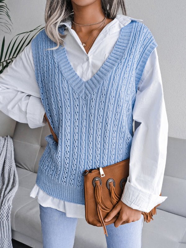 Valerie® | Women'S V-Neck Hollow Out Fried Dough Sweater Casual Knitted Vest