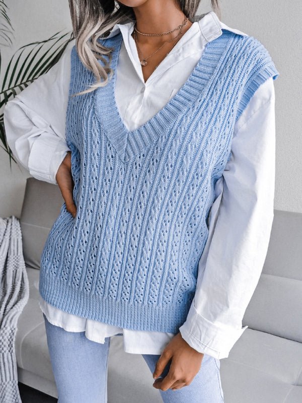 Valerie® | Women'S V-Neck Hollow Out Fried Dough Sweater Casual Knitted Vest