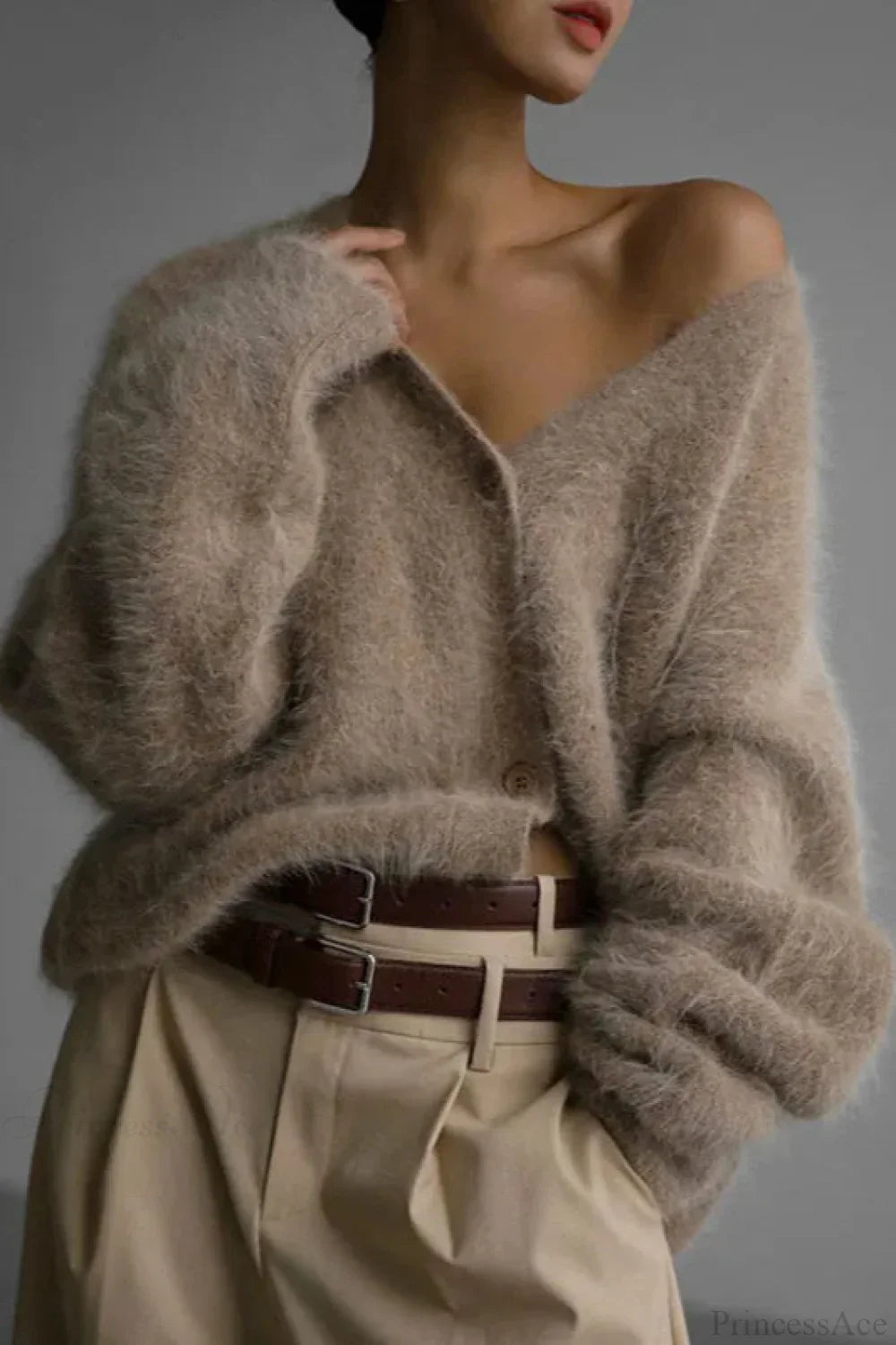 Wool Loose V-neck Long Sleeve Cardigan