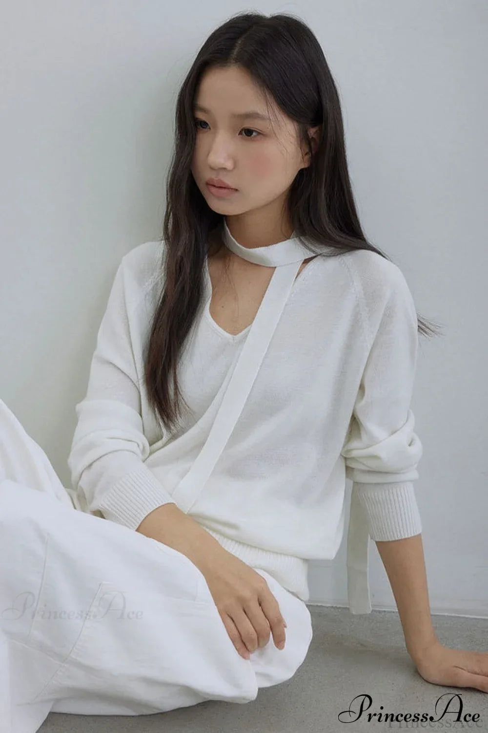 Wool V-Neck Oversized Long-Sleeve Knit Top