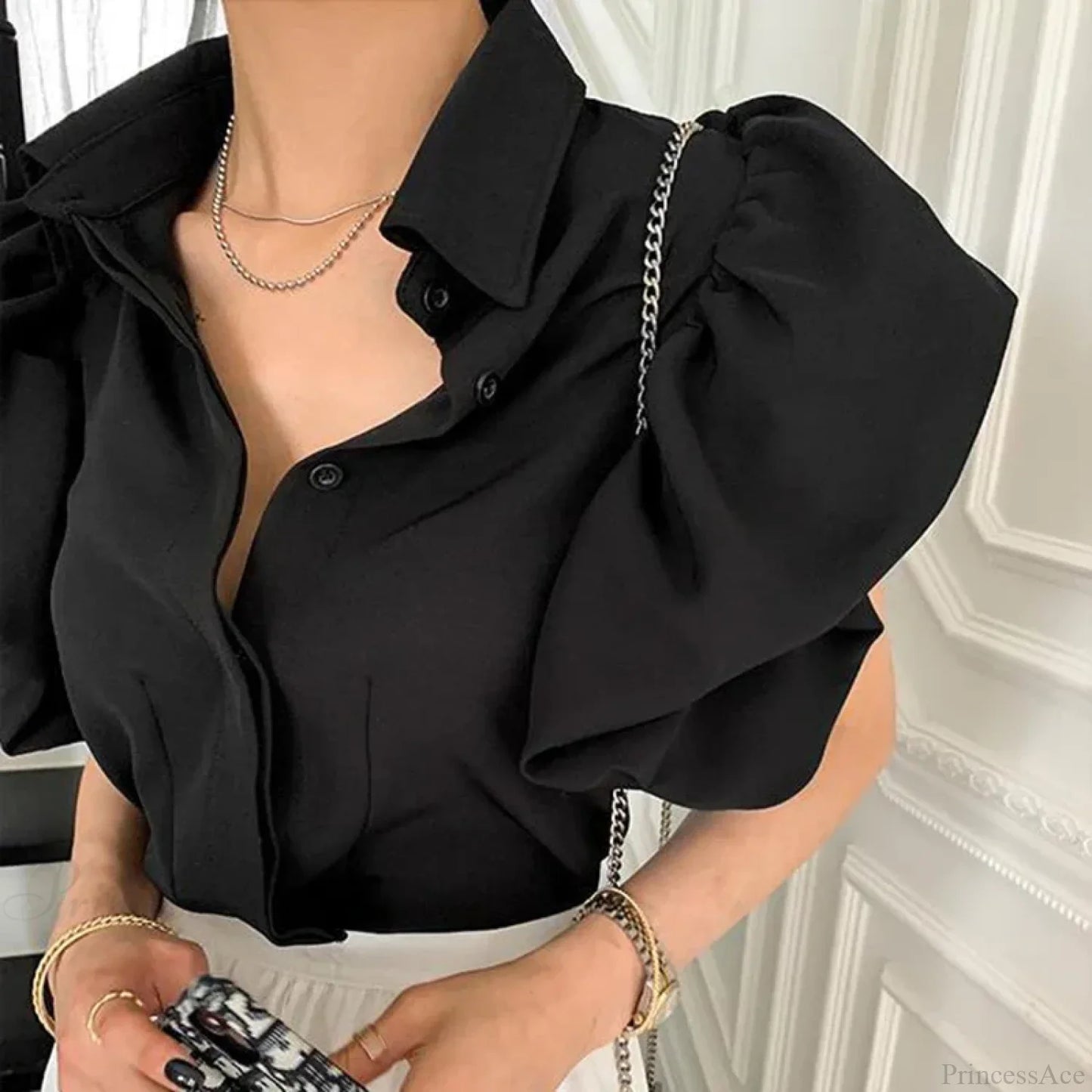 Y2K Chiffon Black Puff Sleeve Casual Korean Blouse