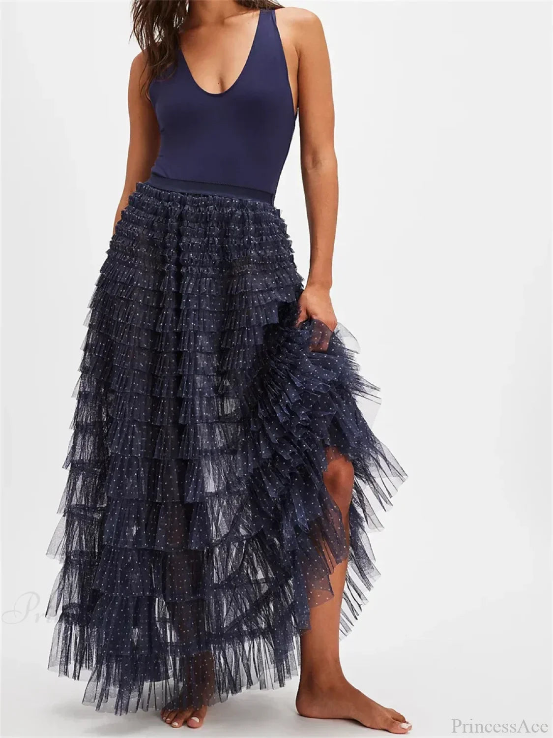 Y2K Fairycore Ruffle Maxi Slip Skirt Elastic Lace Tulle Tutu