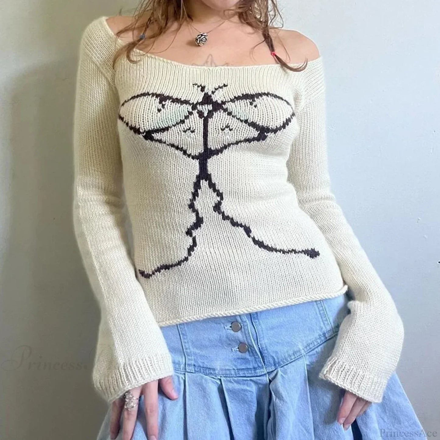Y2K Vintage Off Shoulder Slim Fit Aesthetic Knit Top