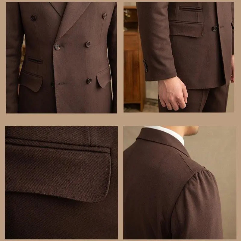 Men's Double Breasted Two Piece Suit Set with Peak Lapel Jacket and Trousers