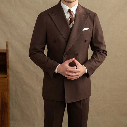 Men's Double Breasted Two Piece Suit Set with Peak Lapel Jacket and Trousers